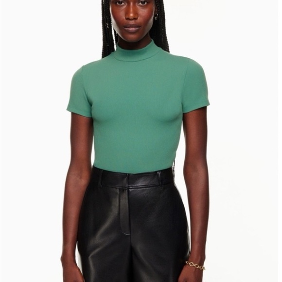 Aritzia Babaton Formarib Teal Ribbed Mockneck Short Sleeve Crop Tee - Picture 4 of 7